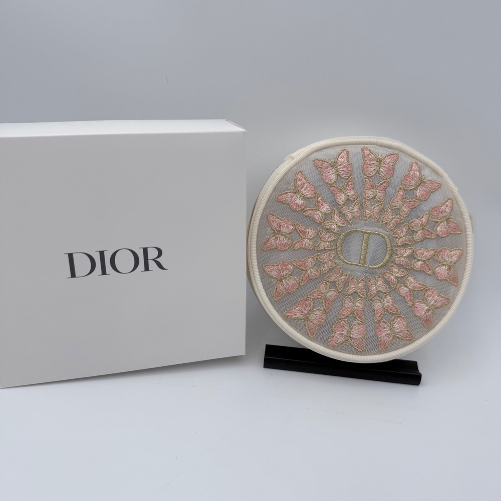 Dior Butterfly‎ Mesh Makeup Bag Round Pink Embroidered Zip Pouch New
